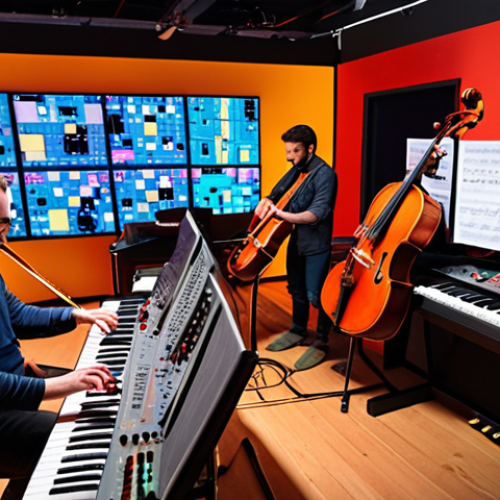 Home 7 **Image Prompt 1: OST Creation Team**
- "A vibrant scene showcasing a diverse team of composers and musicians working together in a modern studio. Instruments like violins, synthesizers, and sound mixing equipment are scattered around. The atmosphere is creative and collaborative, with sheets of music on the table and animated visuals projected on a screen behind them."