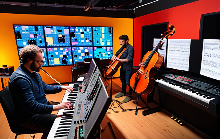 **Image Prompt 1: OST Creation Team**
- "A vibrant scene showcasing a diverse team of composers and musicians working together in a modern studio. Instruments like violins, synthesizers, and sound mixing equipment are scattered around. The atmosphere is creative and collaborative, with sheets of music on the table and animated visuals projected on a screen behind them."