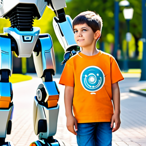 Home 8 A young boy, approximately 7 years old, fully clothed in a modest t-shirt and jeans, stands in a modern, sunlit city park. He is looking up with an expression of wonder at a vibrant, heroic robot, similar in style to a Tobot, which stands beside him in its bipedal form. The robot is sleek and well-designed, showcasing intricate yet clear transformation lines. In the background, contemporary urban buildings are softly blurred, creating a pleasant, everyday atmosphere. The image focuses on the theme of friendship and companionship between the child and the machine. fully clothed, appropriate attire, safe for work, appropriate content, family-friendly, perfect anatomy, correct proportions, natural pose, well-formed hands, proper finger count, natural body proportions, professional photography, high quality, vivid colors.