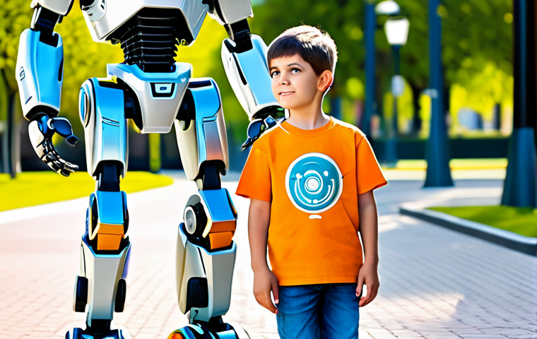 A young boy, approximately 7 years old, fully clothed in a modest t-shirt and jeans, stands in a modern, sunlit city park. He is looking up with an expression of wonder at a vibrant, heroic robot, similar in style to a Tobot, which stands beside him in its bipedal form. The robot is sleek and well-designed, showcasing intricate yet clear transformation lines. In the background, contemporary urban buildings are softly blurred, creating a pleasant, everyday atmosphere. The image focuses on the theme of friendship and companionship between the child and the machine. fully clothed, appropriate attire, safe for work, appropriate content, family-friendly, perfect anatomy, correct proportions, natural pose, well-formed hands, proper finger count, natural body proportions, professional photography, high quality, vivid colors.