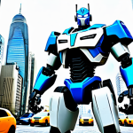 또봇 시리즈별 주요 특징 - Tobot X**

"A powerful, fully clothed Tobot X stands heroically in front of a bustling, modern city ...