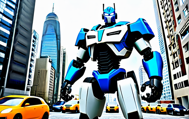 또봇 시리즈별 주요 특징 - Tobot X**
"A powerful, fully clothed Tobot X stands heroically in front of a bustling, modern city ...