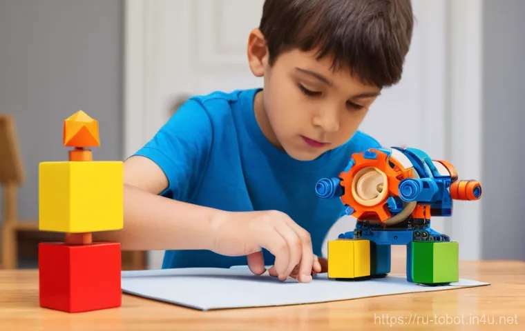 또봇 애니메이션으로 배우는 과학 - **Prompt:** A curious 9-year-old boy, wearing a bright blue t-shirt and jeans, is intensely focused ...