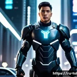 또봇 각 캐릭터의 명대사 - A confident and courageous young male leader character standing proudly in a futuristic cityscape, w...