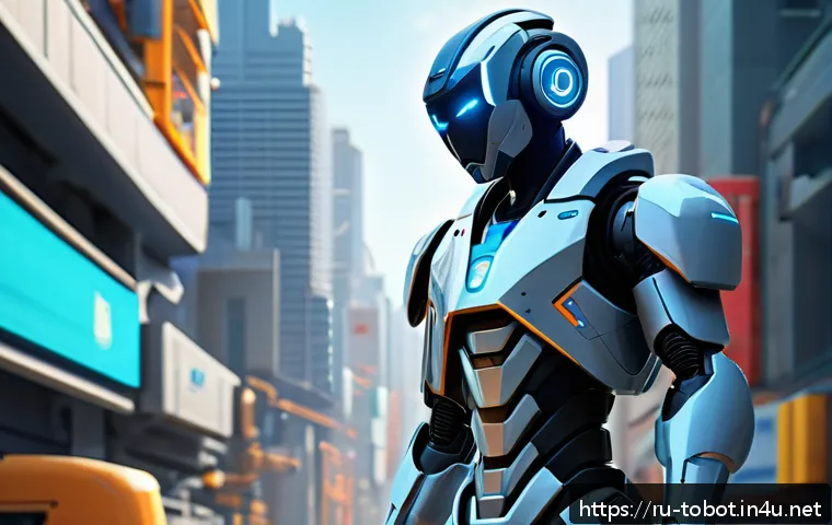 또봇 스토리라인의 철학적 접근 - A dynamic scene featuring a young Tobot hero in a futuristic cityscape, wearing casual but modest cl...