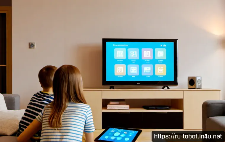 Home 17 또봇 시청률 통계 - Photorealistic Russian family living room, a parent and two school-age children watching a colorful ...