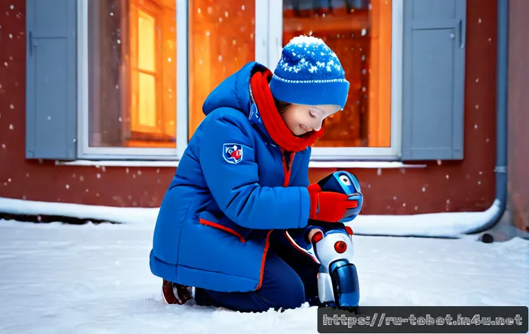 또봇 스토리 속 감동 장면 - Photorealistic emotional scene of a friendly red-and-blue rescue robot kneeling beside a young child...